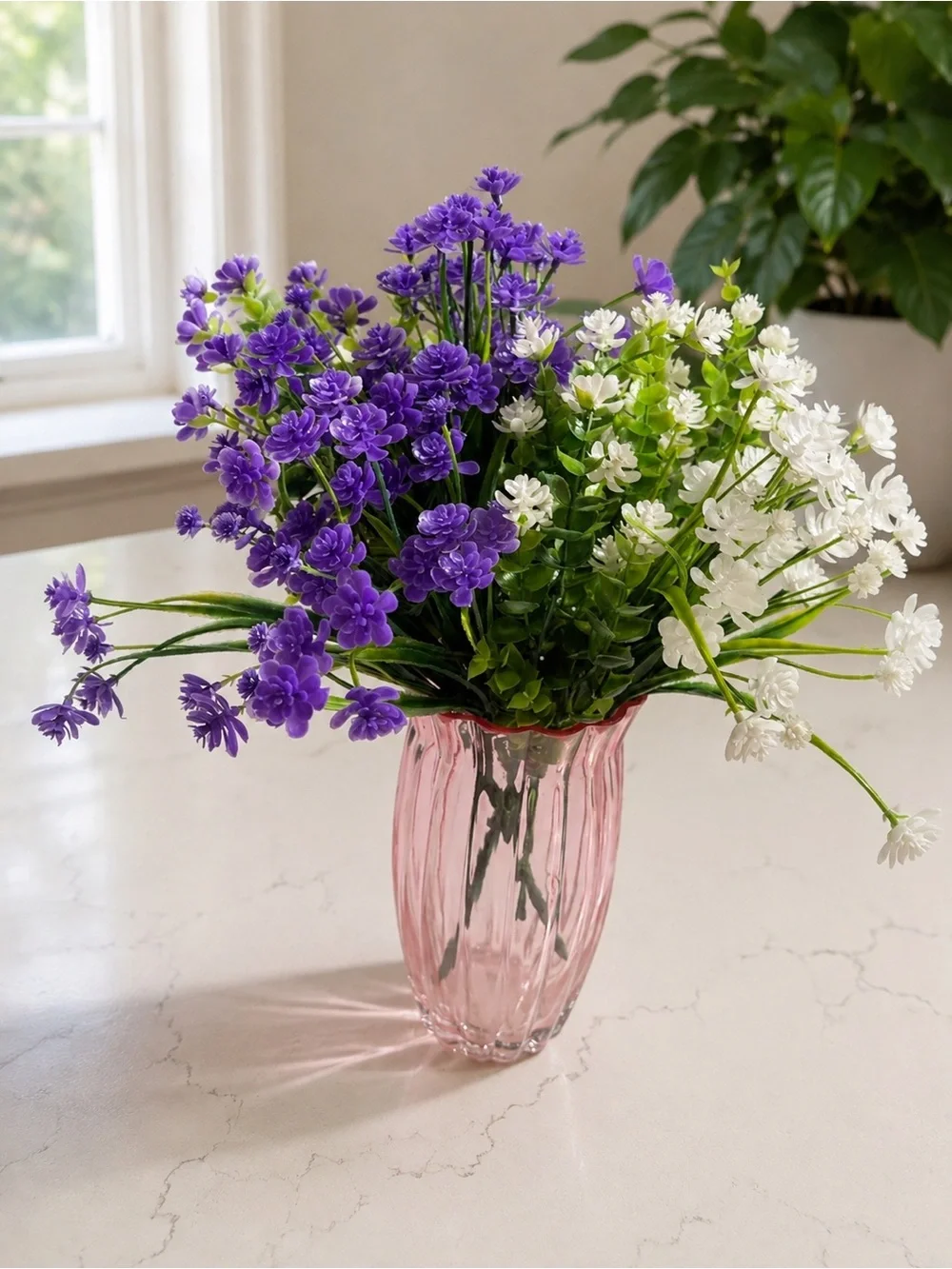 Purple & White Artificial Flower Arrangement in Pink Glass Vase - Home Accents